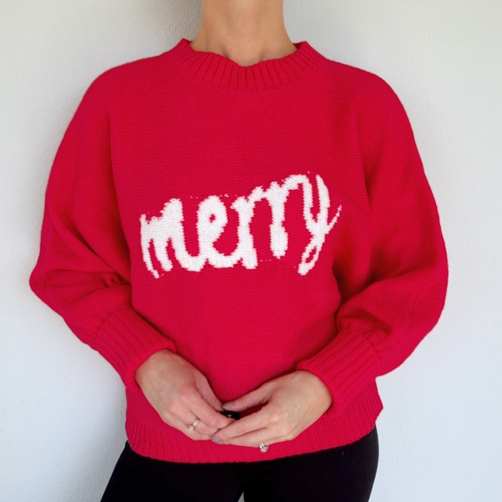 SHEIN red white Merry Christmas mock neck ribbed knit cuff sweater size small